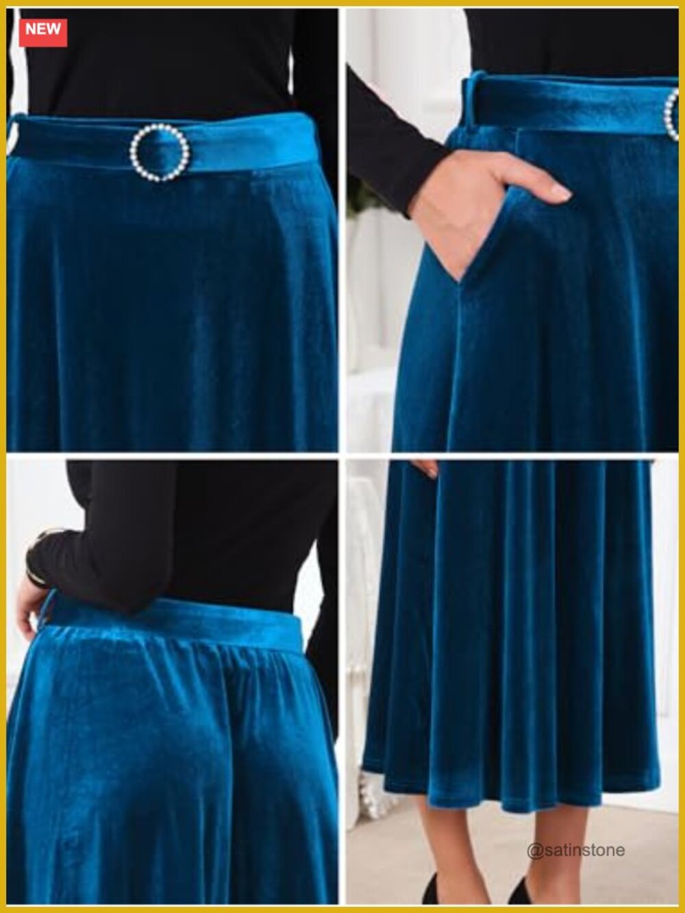 Velvet High Waist A-Line Formal Long Skirt with Belt - Picture 4 of 5